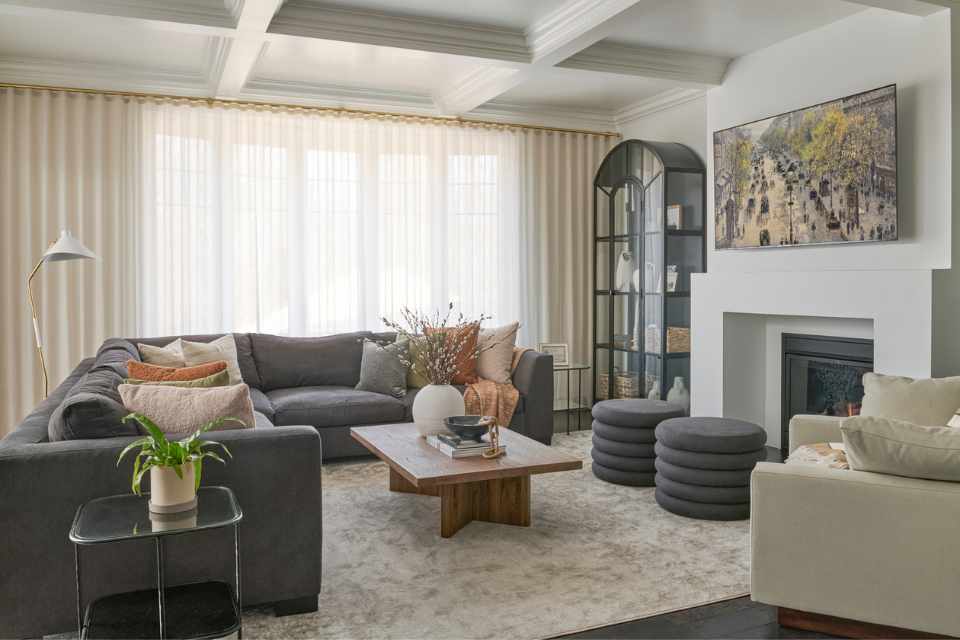 designer living room with earth toned decor